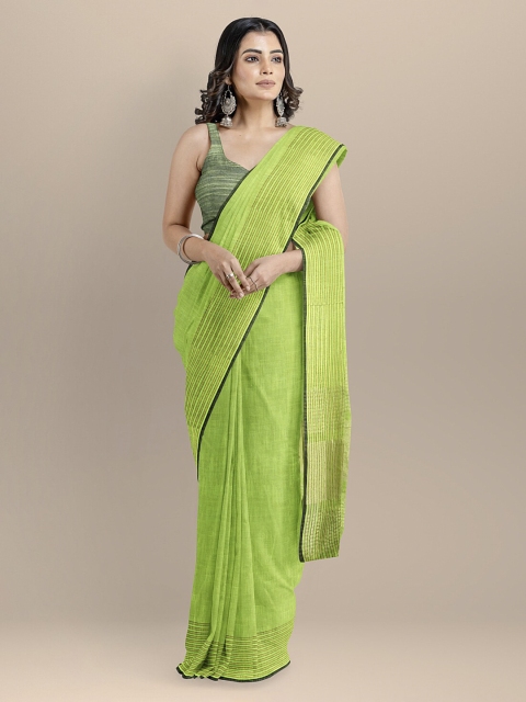 

BharatSthali Green & Gold-Toned Pure Cotton Solid Maheshwari Saree