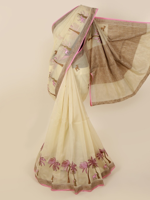 

Pothys Cream-Coloured & Pink Supernet Embroidered Saree