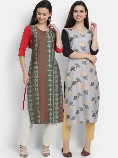 

7threads women Pack Of 2 green & grey floral printed crepe kurta