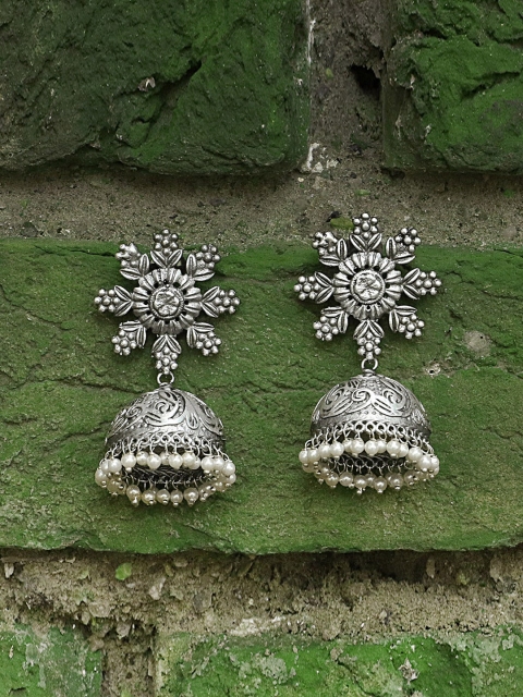 

Adwitiya Collection Silver-Toned Contemporary Jhumkas
