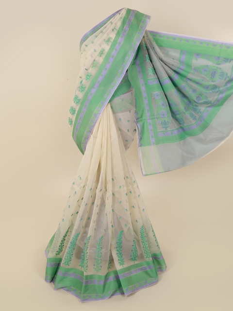 

Pothys Cream-Coloured & Green Supernet Embroidered Saree
