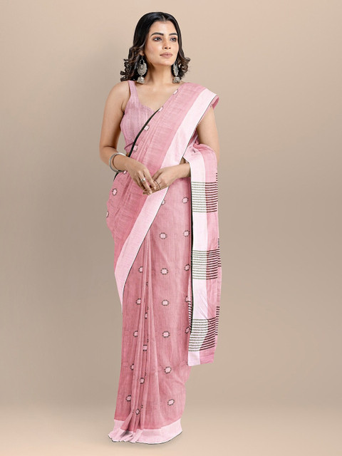 

BharatSthali Pink & Off-White Pure Cotton Woven Design Taant Saree