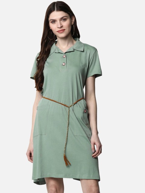 

FIVE STONES Women Sea Green Solid Cotton T-shirt Dress