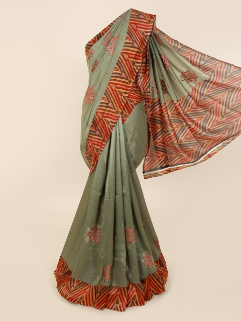 

Pothys Green & Red Cotton Blend Embroidered Chanderi Saree