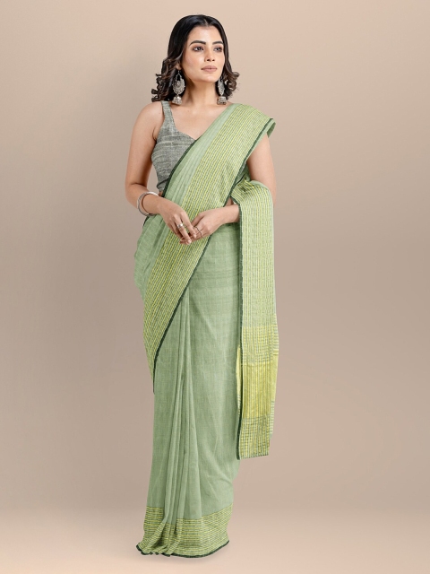 

BharatSthali Green & Gold-Toned Pure Cotton Solid Maheshwari Saree