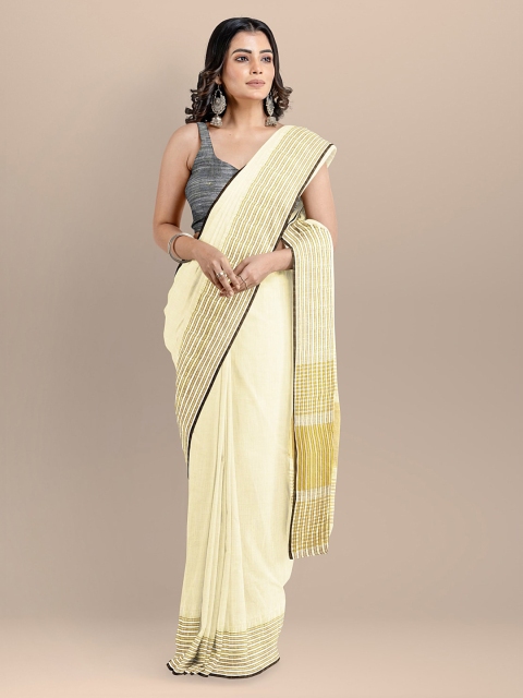 

BharatSthali Cream-Coloured & Gold-Toned Pure Cotton Solid Maheshwari Saree