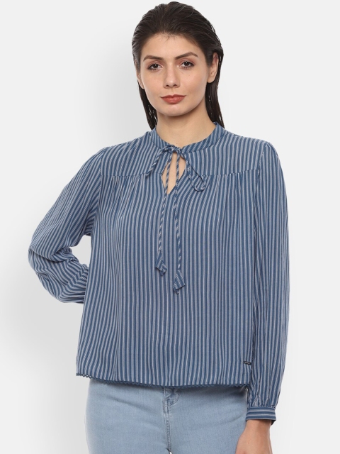 

Van Heusen Woman Blue Striped tie-up neck regular top