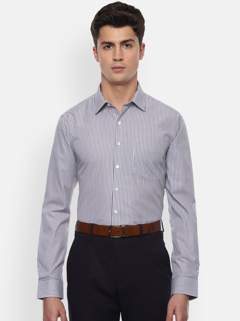 

Van Heusen Men Grey & White Slim Fit Striped Cotton Formal Shirt