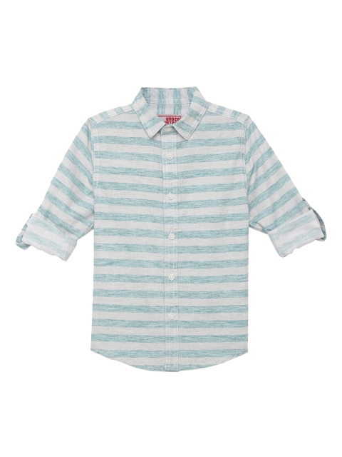 

UNDER FOURTEEN ONLY Boys Green & Off-White Regular Fit Striped Cotton Casual Shirt