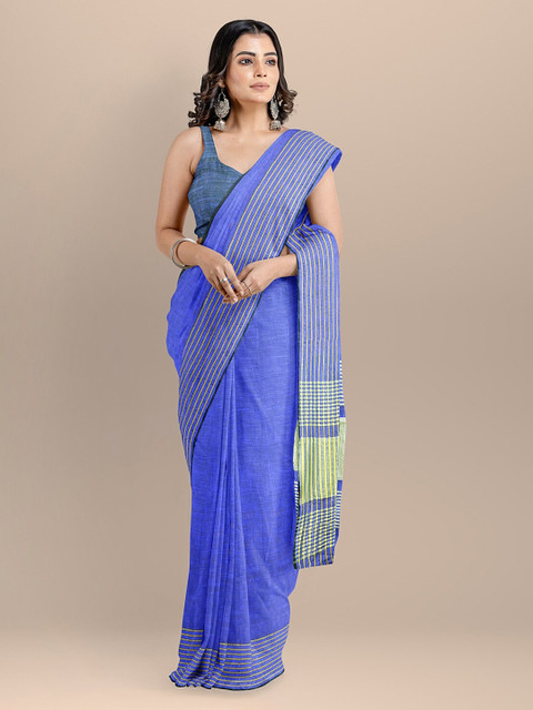 

BharatSthali Blue & Green Pure Cotton Solid Maheshwari Saree