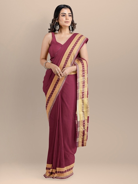 

BharatSthali Maroon & Gold-Toned Pure Cotton Solid Maheshwari Saree