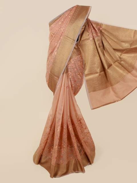 

Pothys Peach-Coloured & Gold-Toned Supernet Woven Design Saree