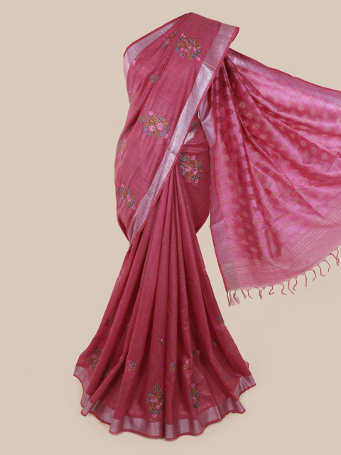 

Pothys Pink & Silver-Toned Jute Cotton Embroidered Saree