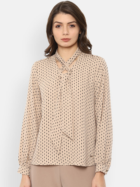 

Van Heusen Woman Beige & Black printed tie-up neck regular top