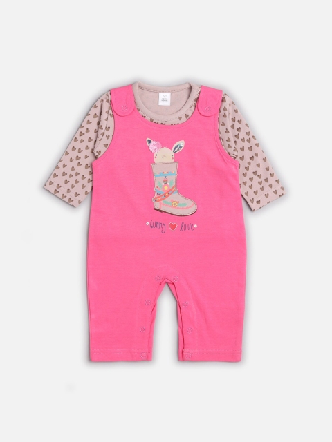 

TOFFY HOUSE Infant Girls Fuchsia Pink & Mauve Appliqued Romper With T-Shirt