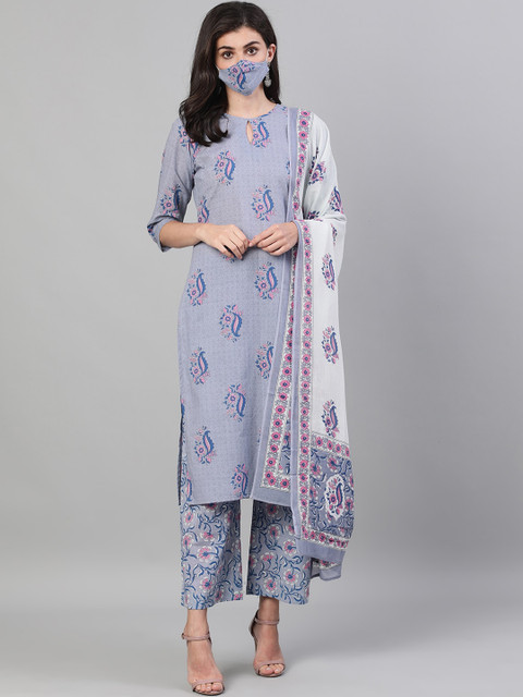 

Nayo Women Blue Pink Printed Kurta with Palazzos Dupatta
