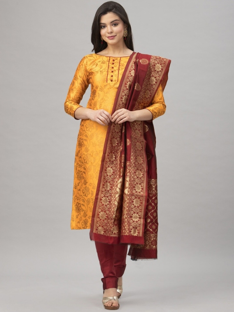

Satrani Mustard & Maroon Poly Silk Unstitched Dress Material