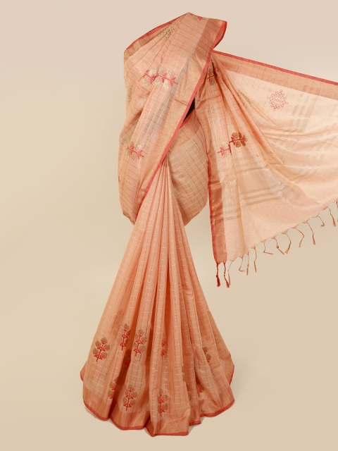 

Pothys Peach-Coloured & Gold-Toned Linen Blend Checked Saree