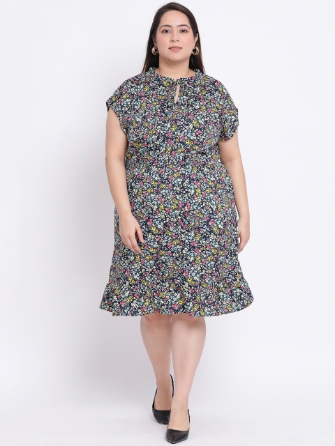 

Oxolloxo Women Multicoloured Floral Printed Plus Size Fit and Flare Dress, Multi