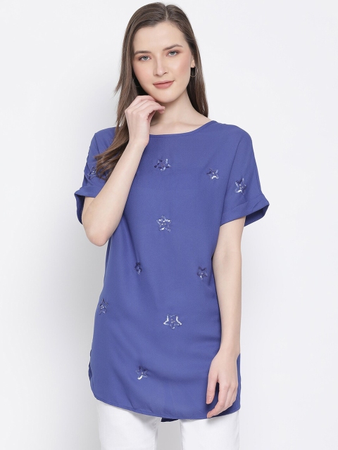 

Oxolloxo Women Blue Embellished Regular Longline Top