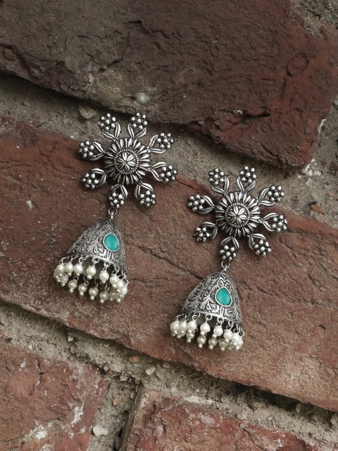 

Adwitiya Collection Silver-Toned Dome Shaped Jhumkas