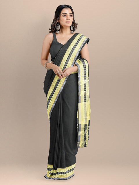 

BharatSthali Black & Gold-Toned Pure Cotton Solid Maheshwari Saree