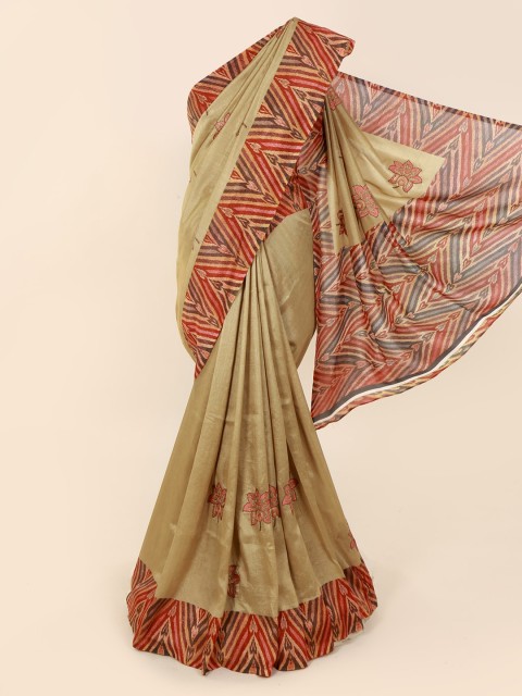 

Pothys Tan & Red Cotton Blend Embroidered Chanderi Saree