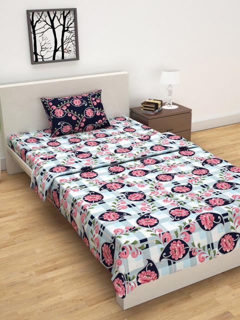 

Divine Casa White & Blue Floral Printed Single Bedding Set With Dohar