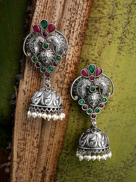 

Adwitiya Collection Silver-Plated & Red Dome Shaped Jhumkas