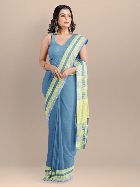 

BharatSthali Blue & Gold-Toned Pure Cotton Solid Maheshwari Saree