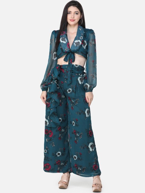 

Cation Women Teal Green & Red Printed Top with Trousers