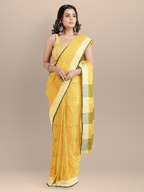

BharatSthali Yellow & Off-White Pure Cotton Woven Design Taant Saree