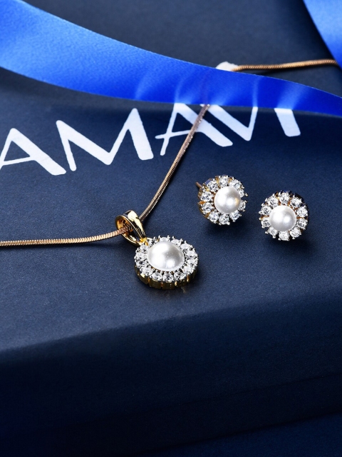 

Amavi Gold-Plated & White AD & Pearl-Studded Jewellery Set