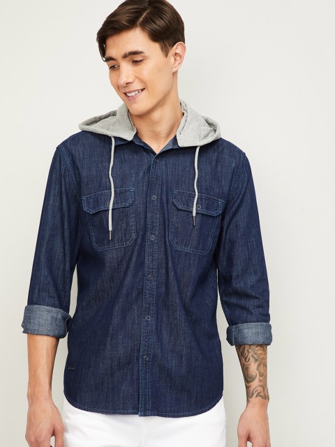 

Forca Men Blue Slim Fit Solid Casual Hooded Shirt