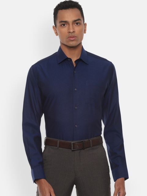 Van Heusen Men Navy Blue Regular Fit Self Design Formal Cotton Shirt