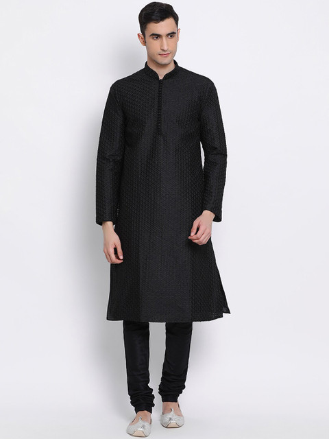 

Sanwara Men Black Woven Design Mandarin Collar Art Silk Kurta