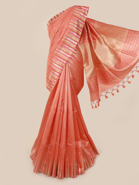 

Pothys Peach-Coloured & Gold-Toned Art Silk Solid Tussar Saree