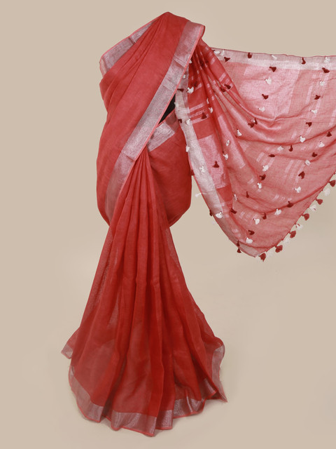 

Pothys Red & Silver-Toned Linen Blend Solid Saree