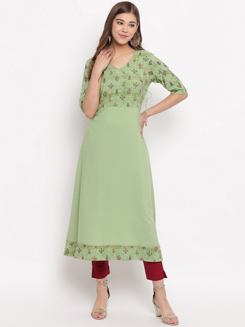 

Janasya Women Green & Pink Floral Yoke Design Crepe Kurta