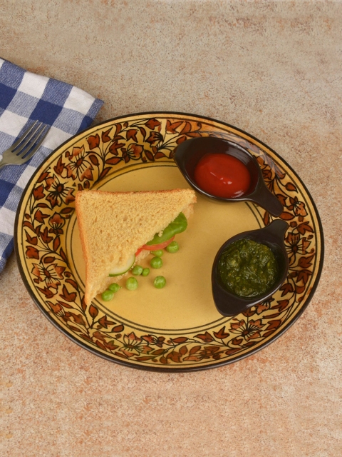 

StyleMyWay Yellow & Brown Printed Ceramic Handmade Platter With 2 Fixed Dip Bowls