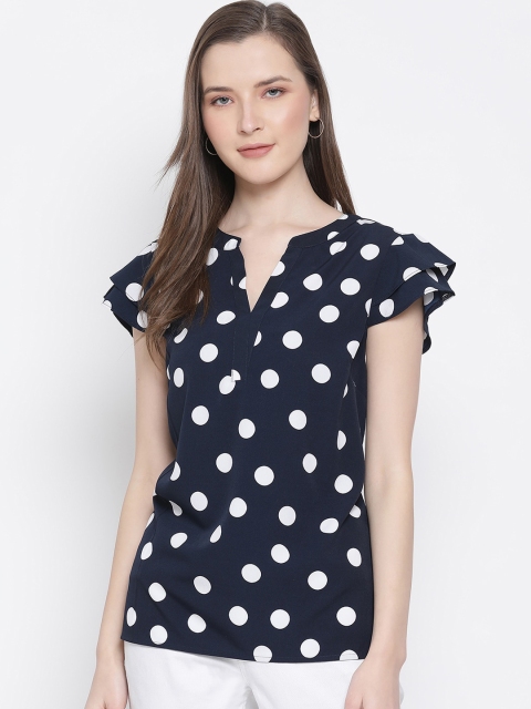 Oxolloxo Women Navy Blue & White Printed Regular Top