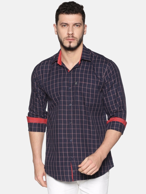 

LEVIZO Men Navy Blue & Pink Regular Fit Checked Casual Shirt