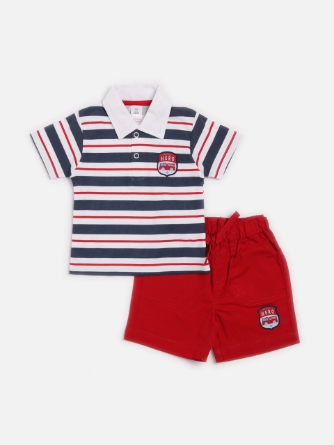 TOFFY HOUSE Boys Red & Navy Blue Striped T-shirt with Shorts