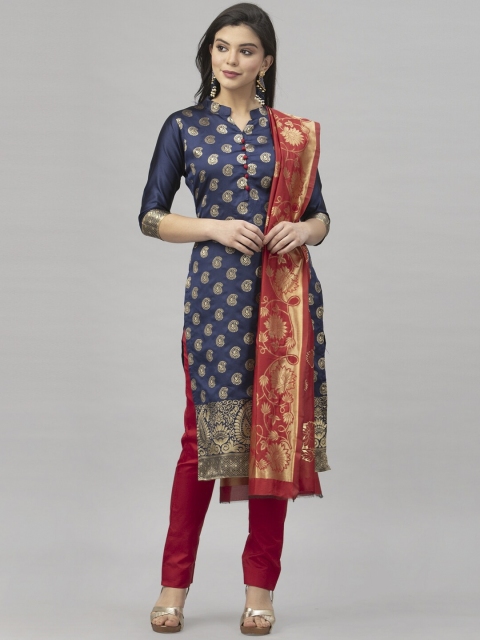 

Satrani Navy Blue & Red Poly Silk Unstitched Dress Material