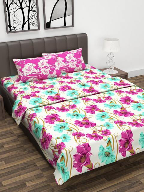 

Divine Casa White & Pink Floral Printed 180 TC Double Queen Bedding Set With Dohar