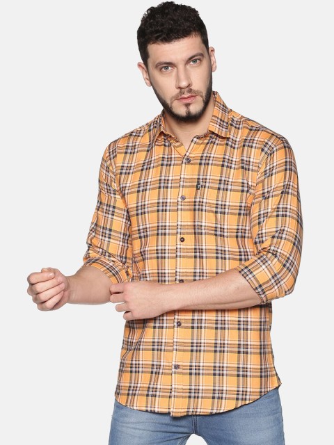 

LEVIZO Men Orange & Navy Blue Regular Fit Checked Pure Cotton Casual Shirt