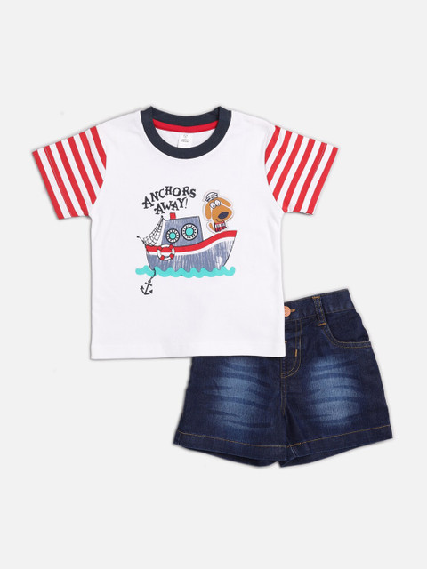 

TOFFY HOUSE Boys White & Blue Printed Pure Cotton T-shirt with Shorts
