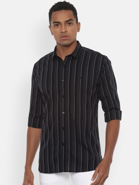 

V Dot Men Charcoal Grey & Black Slim Fit Striped Cotton Casual Shirt
