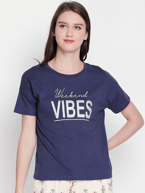 

Dreamz by Pantaloons Women Navy Blue & Silver-Coloured Printed Lounge T-Shirt