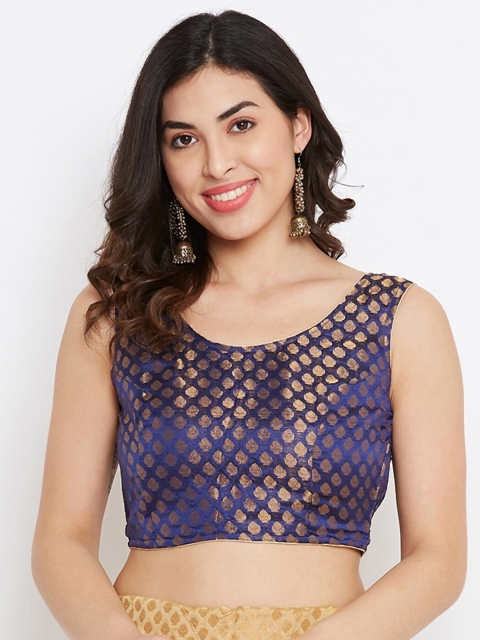 

TULIP 21 Women Navy Blue & Gold-Coloured Woven-Design Silk Saree Blouse